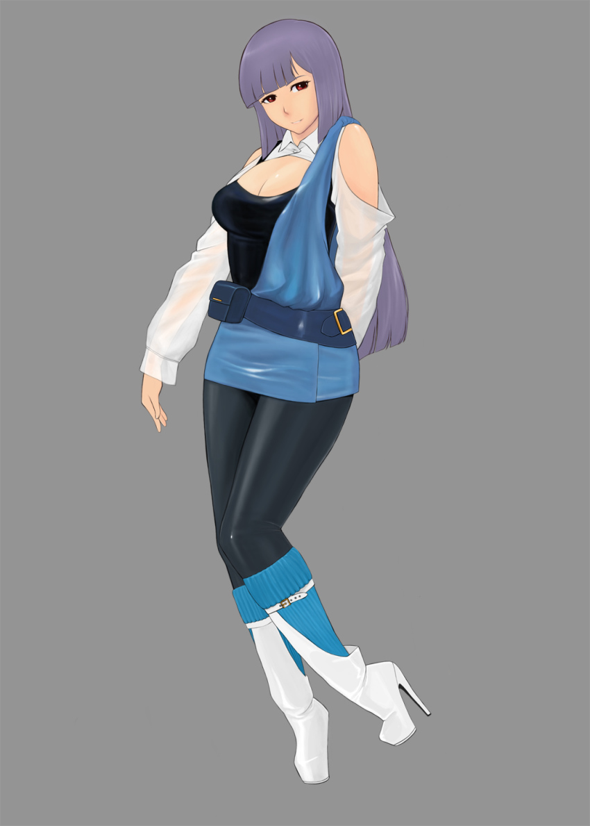 1girl boots breasts cleavage female_focus gundam gundam_zz high_heel_boots high_heels highres komii large_breasts long_hair looking_at_viewer pantyhose purple_hair retro_artstyle roux_louka simple_background smile solo