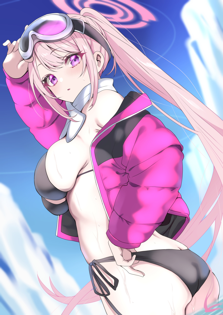 1girl absurdres ass bare_shoulders bikini black_bikini blue_archive breasts butt_crack commentary eimi_(blue_archive) eimi_(swimsuit)_(blue_archive) goggles goggles_on_head halo highres jacket large_breasts looking_at_viewer pink_hair pink_halo ponytail purple_eyes purple_jacket scarf swimsuit thighs tonomiya68 white_scarf
