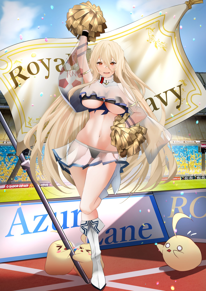 &gt;_&lt; 1girl absurdres arm_up armlet azur_lane baby_animal bare_shoulders bikini bird black_bikini blonde_hair blue_sky blush boots breasts cheerleader chick cleavage cloud commentary_request commission confetti copyright_name cosplay covered_collarbone crop_top crop_top_overhang day flag full_body hair_between_eyes hand_on_own_hip highres holding holding_pole holding_pom_poms implacable_(azur_lane) ishida_katsuzane jewelry large_breasts long_bangs long_hair looking_at_viewer manjuu_(azur_lane) navel o_o open_mouth pixiv_commission pole pom_pom_(cheerleading) pom_poms red_eyes reno_(azur_lane) reno_(azur_lane)_(cosplay) reno_(biggest_little_cheerleader)_(azur_lane) see-through_cleavage see-through_clothes see-through_shirt see-through_skirt see-through_sleeves shadow shirt sidelocks skindentation skirt sky sleeveless soccer_field solo_focus stadium standing standing_on_one_leg stomach swimsuit thigh_boots two-tone_shirt two-tone_skirt underboob very_long_hair white_footwear white_shirt white_skirt