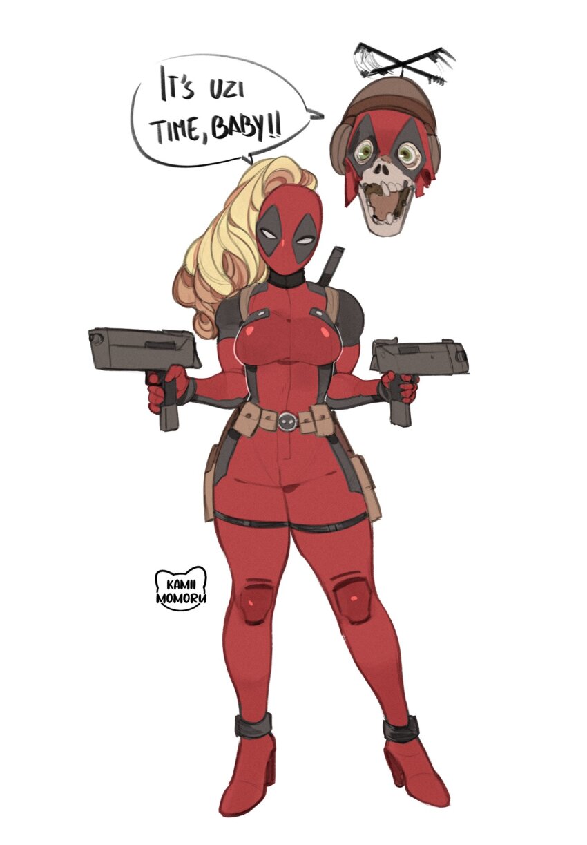 1girl artist_name black_bodysuit blonde_hair bodysuit breasts deadpool_(series) english_text full_body gun headpool high_heels highres holding holding_gun holding_weapon kamii_momoru lady_deadpool large_breasts marvel ponytail pouch red_bodysuit simple_background skull speech_bubble standing teeth weapon white_background