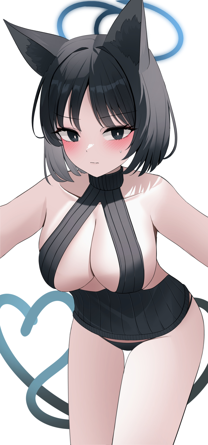 1girl absurdres alternate_costume animal_ear_fluff animal_ears bare_shoulders black_eyes black_hair black_panties blue_archive blue_halo blush breasts bright_pupils cat_ears cat_girl cat_tail cleavage cleavage_cutout closed_mouth clothing_cutout collarbone commentary cowboy_shot eyelashes hair_between_eyes halo heart_tail_duo highres incoming_hug kikyou_(blue_archive) large_breasts leaning_forward looking_at_viewer lunar_(pixiv53683306) medium_hair multiple_tails panties ribbed_sweater shy sleeveless sleeveless_sweater solo split_mouth straight_hair sweatdrop sweater tail thigh_gap tsurime turtleneck turtleneck_sweater two_tails underwear white_pupils