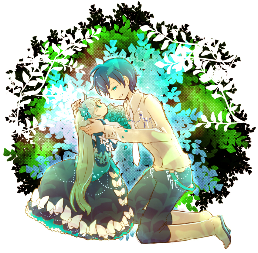 1boy 1girl 7:24 akutoku_no_judgement_(vocaloid) aqua_eyes aqua_flower aqua_hair aqua_rose blue_eyes blue_hair boots bucket clockworker&#039;s_doll doll dress evillious_nendaiki flower frilled_dress frilled_skirt frills hakoniwa_no_shoujo_(vocaloid) hands_on_another&#039;s_head hatsune_miku heartbeat_clocktower_(vocaloid) hetero houtei_no_nushi hug kaito_(vocaloid) kneeling long_hair looking_at_another looking_up mini_person minigirl necktie petals rose rose_petals shirt size_difference skirt smile suspenders twintails very_long_hair vocaloid