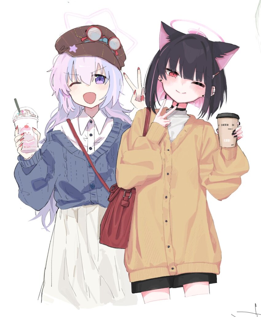 2girls ;d alternate_costume animal_ears bag black_choker black_hair black_nails blue_archive blue_cardigan brown_cardigan brown_hat newsboy_cap cardigan cat_ears cat_girl choker closed_mouth colored_inner_hair cropped_legs cup disposable_coffee_cup disposable_cup drinking_straw extra_ears eyewear_on_headwear hands_up hat highres holding holding_cup kazusa_(blue_archive) long_hair long_sleeves looking_at_viewer multicolored_hair multiple_girls nail_polish negu_(pixiv_6519140) one_eye_closed open_mouth pink_eyes pink_hair pink_nails puffy_long_sleeves puffy_sleeves purple_eyes purple_hair red-framed_eyewear red_bag reisa_(blue_archive) round_eyewear shirt short_hair shoulder_bag simple_background skirt smile v white_background white_shirt white_skirt