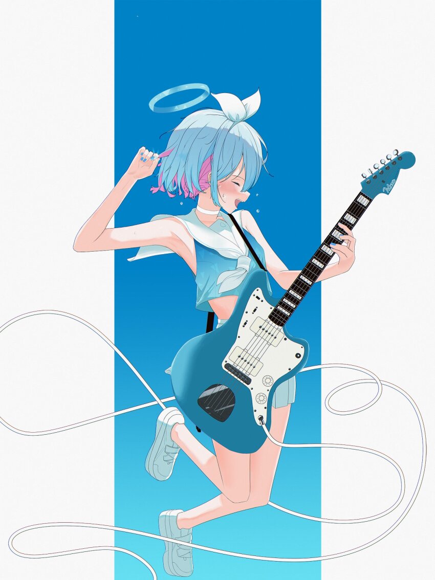 1girl :d alternate_costume armpits arona_(blue_archive) bare_arms bare_legs belly black_shirt blue_archive blue_background blue_hair blue_halo blue_nails blush cable choker closed_eyes commentary cropped_shirt electric_guitar flying_sweatdrops from_side gradient_clothes gradient_shirt guitar hair_ornament hair_ribbon halo hand_up highres holding holding_guitar holding_instrument holding_plectrum instrument jumping multicolored_hair nail_polish open_mouth pillarboxed pink_hair plectrum quilt_heron ribbon sailor_collar shirt shoes short_hair skirt smile sweatdrop two-tone_hair white_choker white_ribbon white_sailor_collar white_shoes white_skirt