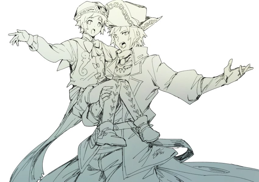10s 2boys ascot bard_(granblue_fantasy) belt child dual_persona gran_(granblue_fantasy) granblue_fantasy harpist_(granblue_fantasy) hat heart_pattern highres instrument pantyhose_under_shorts long_coat male_focus minazaka multiple_boys open_mouth outstretched_arm pants pantyhose print_legwear puffy_shorts shorts simple_background sitting_on_shoulder time_paradox vest white_background aged_down