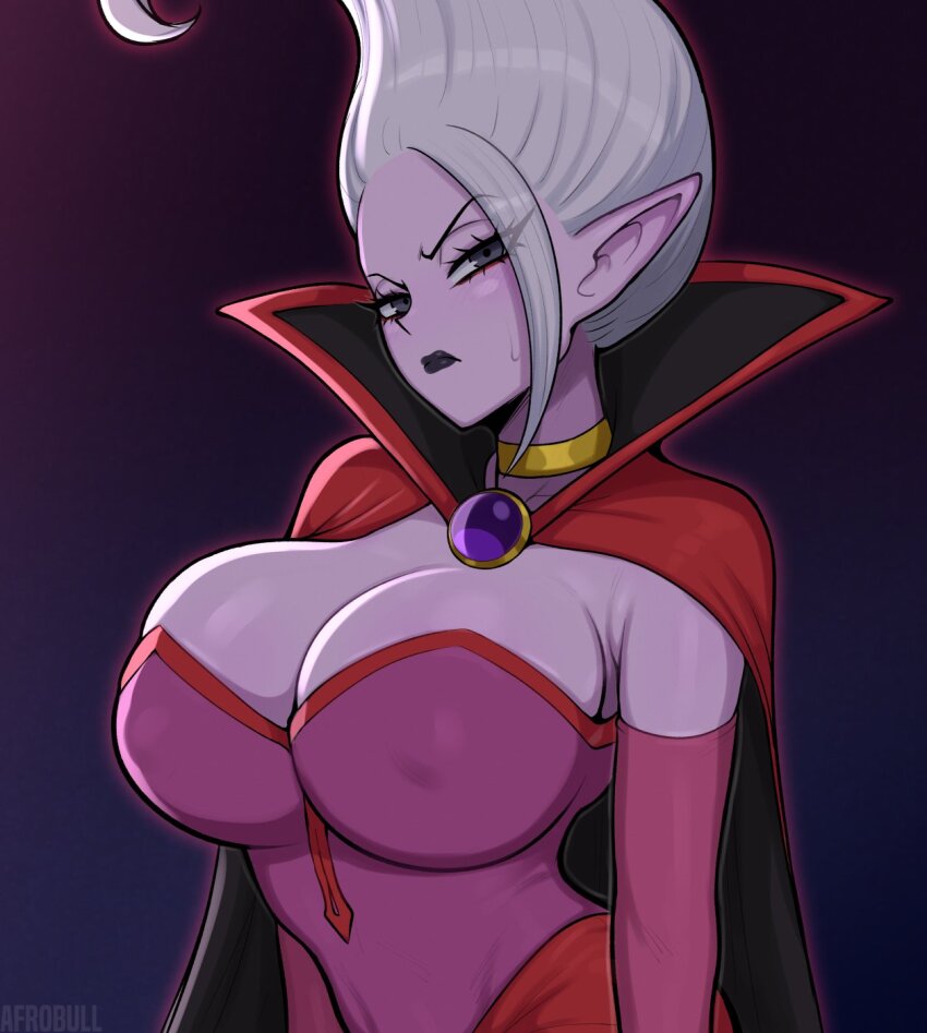 1girl afrobull armpits artist_name black_cape black_lips blush breasts bridal_gauntlets cape cleavage closed_mouth collared_cape colored_skin covered_erect_nipples dr._arinsu dragon_ball dragon_ball_daima dress eyelashes grey_eyes highres jewelry large_breasts looking_at_viewer neck_ring pointy_ears popped_collar purple_bridal_gauntlets purple_dress purple_skin red_cape strapless strapless_dress sweatdrop tall_hair two-sided_cape two-sided_fabric v-shaped_eyebrows vampire_costume white_hair