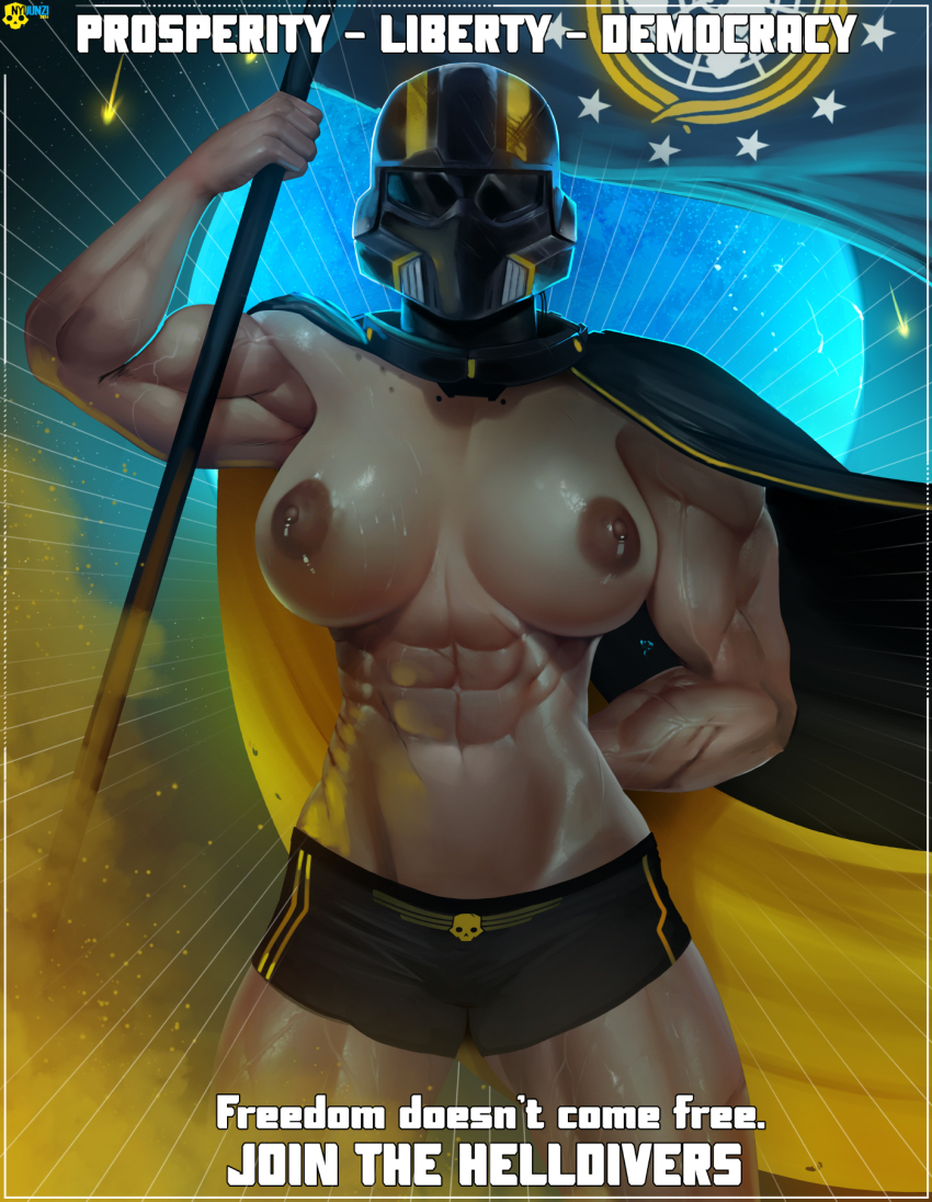 1girl abs arm_behind_back biceps black_cape black_shorts boyshort_panties breasts cape commentary covered_face cowboy_shot dark-skinned_female dark_nipples dark_skin emphasis_lines english_commentary english_text flag flagpole helldivers_2 helmet highres holding holding_flag large_breasts muscular muscular_female nipples nyuunzi propaganda shorts soldier solo thick_thighs thighs topless_female veins veiny_arms veiny_thighs