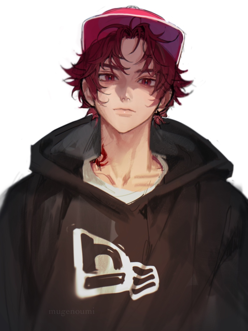1boy baseball_cap black_hoodie closed_mouth grey_background hat highres hood hood_down hoodie looking_at_viewer male_focus neck_tattoo paradox_live red_eyes red_hair shirt sketch solo sugasano_allen tattoo white_shirt yoonmiumi