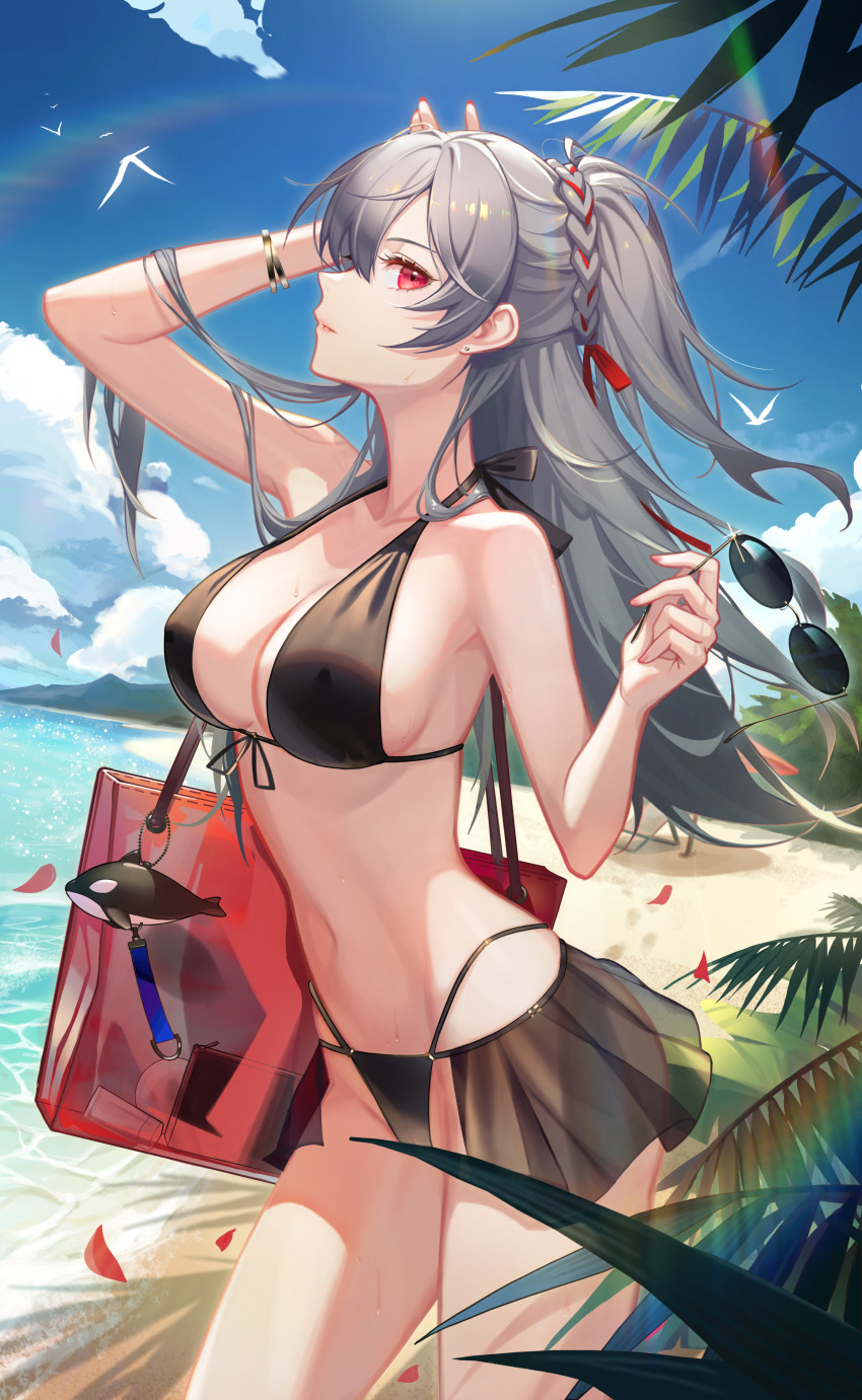 absurdres bag beach bikini black_bikini blue_sky breasts cleavage cloud covered_erect_nipples crazy_ones from_side highres holding holding_removed_eyewear large_breasts long_hair navel official_art profile red_eyes shoulder_bag sky standing sunglasses swimsuit unworn_eyewear xia_bing_(crazy_ones)