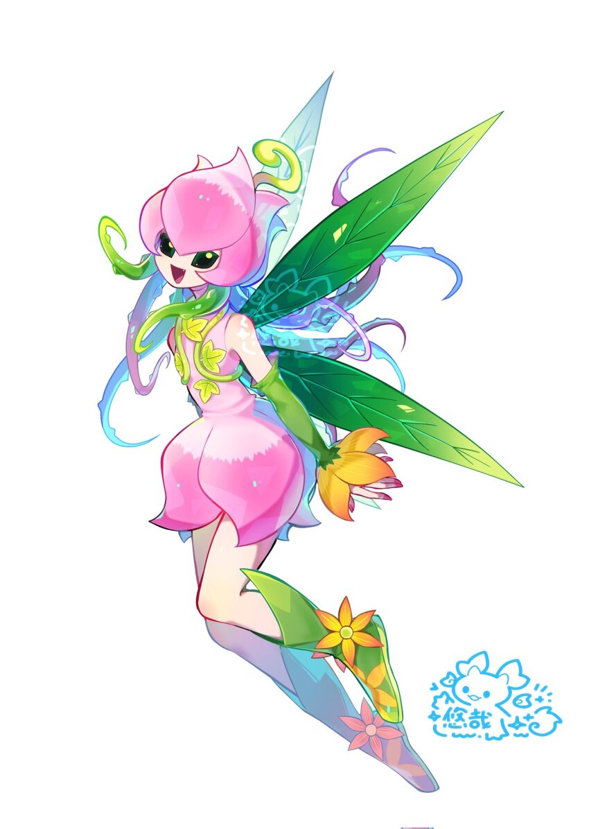 1girl bare_shoulders corrupted_twitter_file detached_sleeves digimon digimon_(creature) dress from_side full_body green_eyes green_hair highres lilimon long_sleeves looking_at_viewer nail_polish pink_dress plant_hair plant_wings redrawn simple_background smile solo translation_request white_background wings youzaiyouzai112
