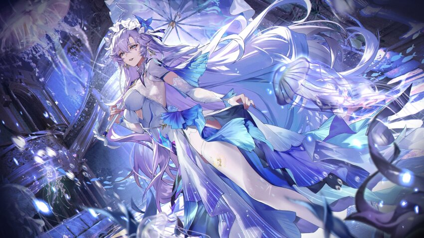 blue_flower cantarella_(wuthering_waves) commentary dress facial_mark flower headdress highres holding holding_umbrella jellyfish kuuus mark_under_eye purple_hair purple_nails purple_umbrella shrug_(clothing) symbol-only_commentary umbrella white_dress white_shrug wuthering_waves