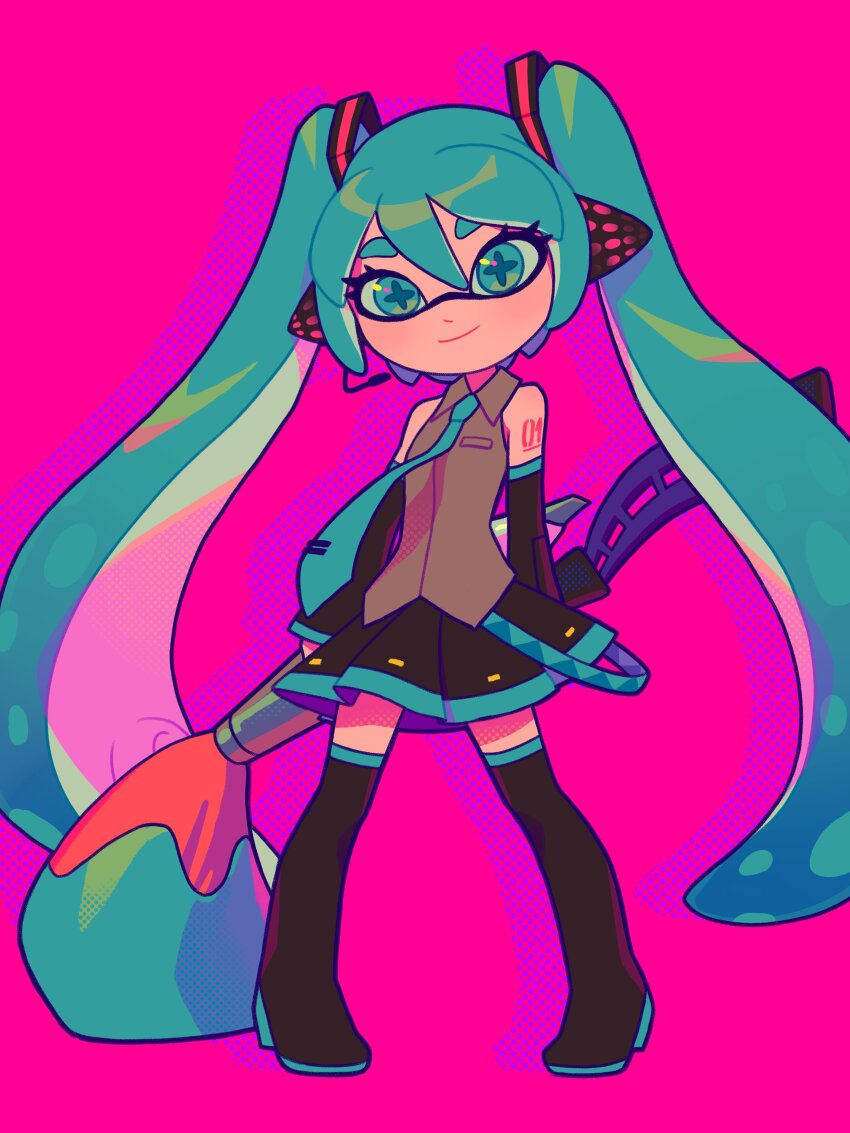 1girl absurdres alternate_species aqua_hair aqua_neckerchief aqua_trim arms_behind_back black_footwear black_skirt boots closed_mouth detached_sleeves dot_nose double-parted_bangs drop_shadow facing_viewer full_body giant_brush grey_shirt halftone hatsune_miku headphones headset highres holding_behind_back holding_weapon_behind_back inkbrush_(splatoon) inkling inkumochi light_smile long_hair neckerchief nintendo pigeon-toed pink_background pleated_skirt shirt shoulder_tattoo skirt sleeveless sleeveless_shirt splatoon_(series) splatoonification standing symbol-shaped_pupils tattoo tentacle_hair thick_eyebrows thigh_boots twintails very_long_hair vocaloid