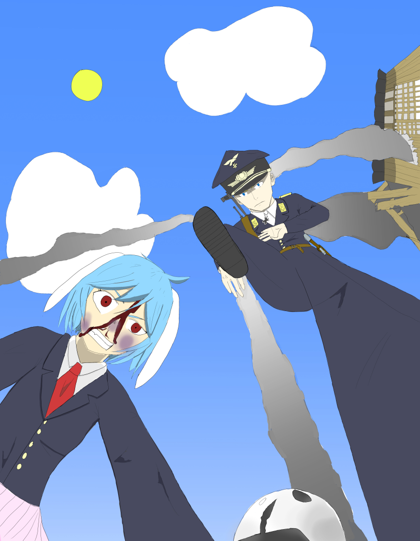 1boy 1girl absurdres assault_rifle blood blood_on_face blue_eyes blue_hair broken_helmet bruise bruise_on_face falchion_(weapon) gun helmet highres injury jahcoin_investor luftwaffe military_uniform nazi non-web_source red_eyes reisen_(touhou_bougetsushou) rifle stg44 swastika sword weapon