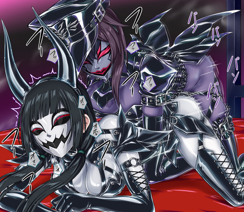 2girls black_gloves black_hair black_shrug black_thighhighs bodysuit brown_hair commission elbow_gloves fake_horns gloves hat highres horns implied_futanari implied_strap-on impossible_bodysuit impossible_clothes latex latex_bodysuit mask motion_blur motion_lines multiple_girls original peaked_cap purple_bodysuit pussy_juice ribimura sex shiny_clothes shrug_(clothing) skin_tight thighhighs white_bodysuit yuri