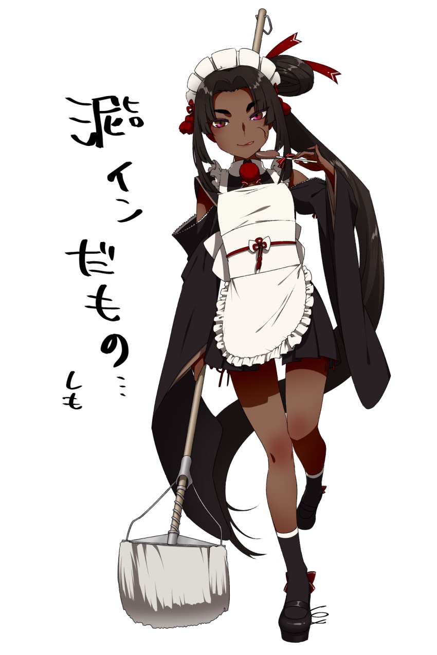1girl apron bad_id bad_pixiv_id black_hair black_socks dark-skinned_female dark_persona dark_skin fate/grand_order fate_(series) female_focus highres long_hair looking_at_viewer maid maid_headdress mary_janes mop purple_eyes shimomoto shoes side_ponytail simple_background smile socks solo tongue tongue_out ushiwakamaru_(corrupted)_(fate) ushiwakamaru_(fate) very_long_hair wa_maid white_background