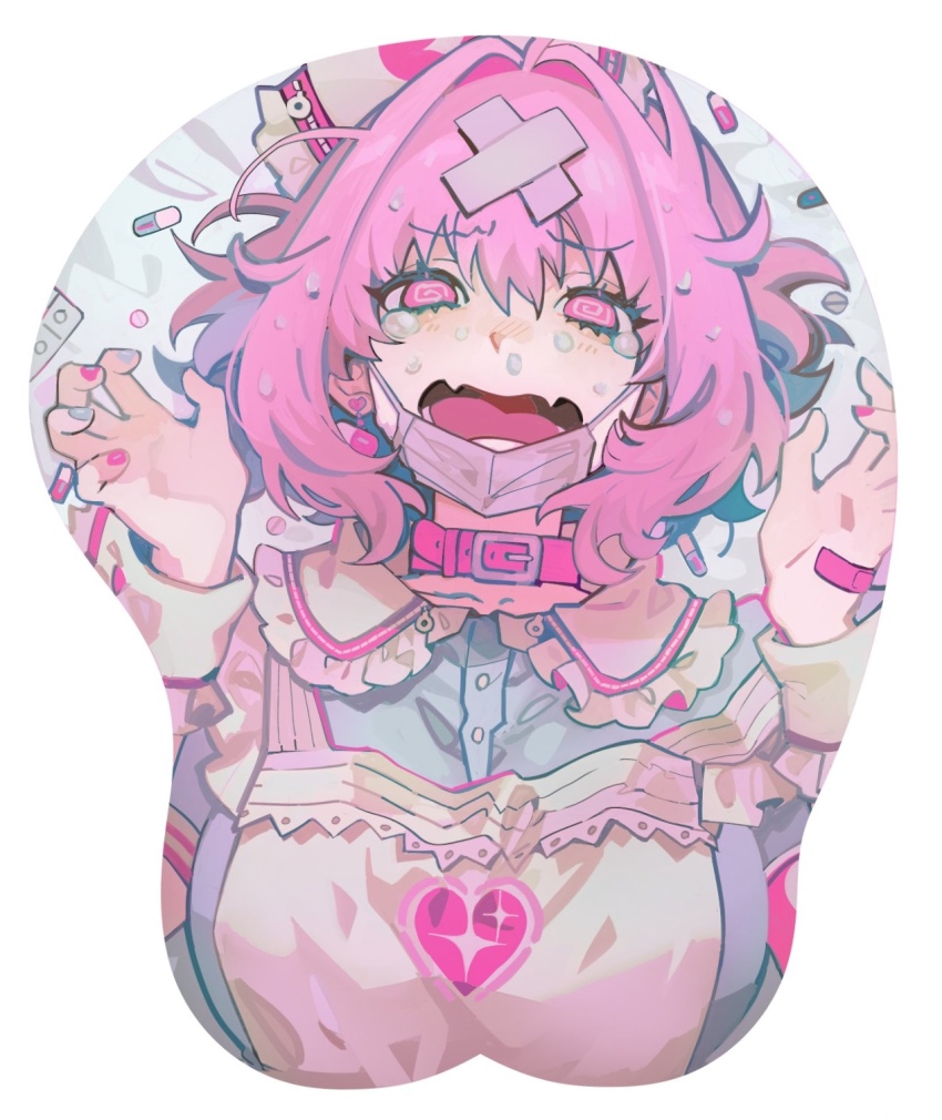 1girl @_@ ahoge apron aqua_dress aqua_hair azolitmin bandaid bandaid_on_hand bed_sheet belt belt_collar blush breasts choker collar collarbone commentary dress earrings fangs grey_nails hair_between_eyes hair_ornament hat heart heart_earrings heart_print highres idolmaster idolmaster_cinderella_girls idolmaster_cinderella_girls_starlight_stage jewelry large_breasts looking_at_viewer mask mask_lift medium_hair mousepad_(medium) mouth_mask multicolored_hair multicolored_nails nail_polish nurse_cap open_mouth pill pill_earrings pink_bandaid pink_belt pink_choker pink_collar pink_eyes pink_hair pink_nails purple_nails short_sleeves simple_background skin_fangs snot solo sparkle_print sweat tearing_up tongue two-tone_hair upper_body white_apron white_background white_hat white_mask x_hair_ornament yami_kawaii yumemi_riamu zipper zipper_pull_tab