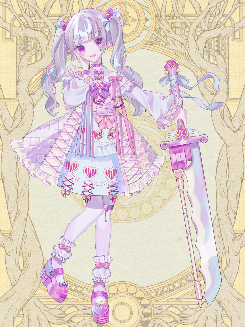 1girl :d ankle_garter bare_shoulders blue_bow blue_hair blue_nails blunt_bangs bow bowtie brooch candy clothing_cutout collar collared_dress cross-laced_clothes curly_hair dairoku_ryouhei dress earrings empire_waist food food-themed_clothes food-themed_earrings food_themed_earrings footwear_bow frilled_dress frilled_sleeves frills full_body greatsword grey_hair hair_bow hair_ornament hand_on_own_cheek hand_on_own_face heart heart_brooch heart_hair_ornament heart_print highres holding holding_sword holding_weapon jewelry knees_together_feet_apart long_hair long_sleeves mary_janes multicolored_nails open_mouth orange_nails otogawa_(tw) pantyhose pink_bow pink_dress pink_hair pink_shoes planted planted_sword planted_weapon platform_shoes puffy_long_sleeves puffy_sleeves purple_bow purple_bowtie purple_eyes rabbit_ornament shoes shoulder_cutout smile solo spiked_collar spikes standing strawberry_earrings sword thigh_strap tochigi_saline twintails two-tone_dress weapon white_dress white_pantyhose wrapped_candy yellow_background yume_kawaii