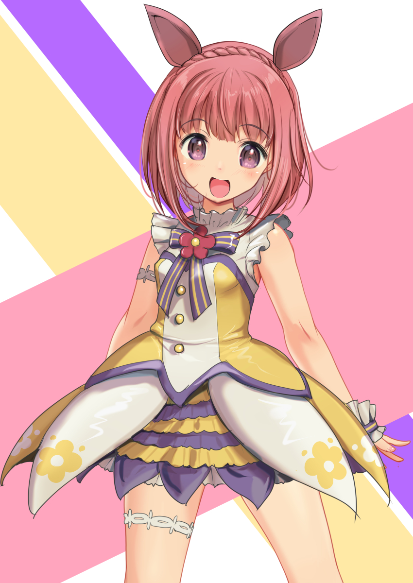 1girl absurdres aikawa_aika alice_gear_aegis animal_ears braid commentary_request cosplay crown_braid dress fake_animal_ears full_body highres horse_ears looking_at_viewer nishino_flower_(umamusume) nishino_flower_(umamusume)_(cosplay) open_mouth purple_eyes red_hair ribbon round_teeth short_hair smile solo standing striped_ribbon teeth umamusume upper_teeth_only yashin_(yasinz) yellow_dress