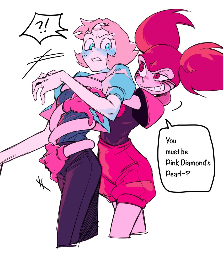 2girls absurdres black_pants blue_eyes blue_jacket blush colored_skin commentary_request elasticity gloves highres hug jacket korean_commentary korean_text makeup multiple_girls pants pearl_(steven_universe) pink_eyes pink_gloves pink_hair pink_shorts pink_skin puffy_short_sleeves puffy_sleeves ringed_eyes runny_makeup short_hair short_sleeves shorts smile spinel_(steven_universe) steven_universe stretched_limb tthhdddd twintails yuri