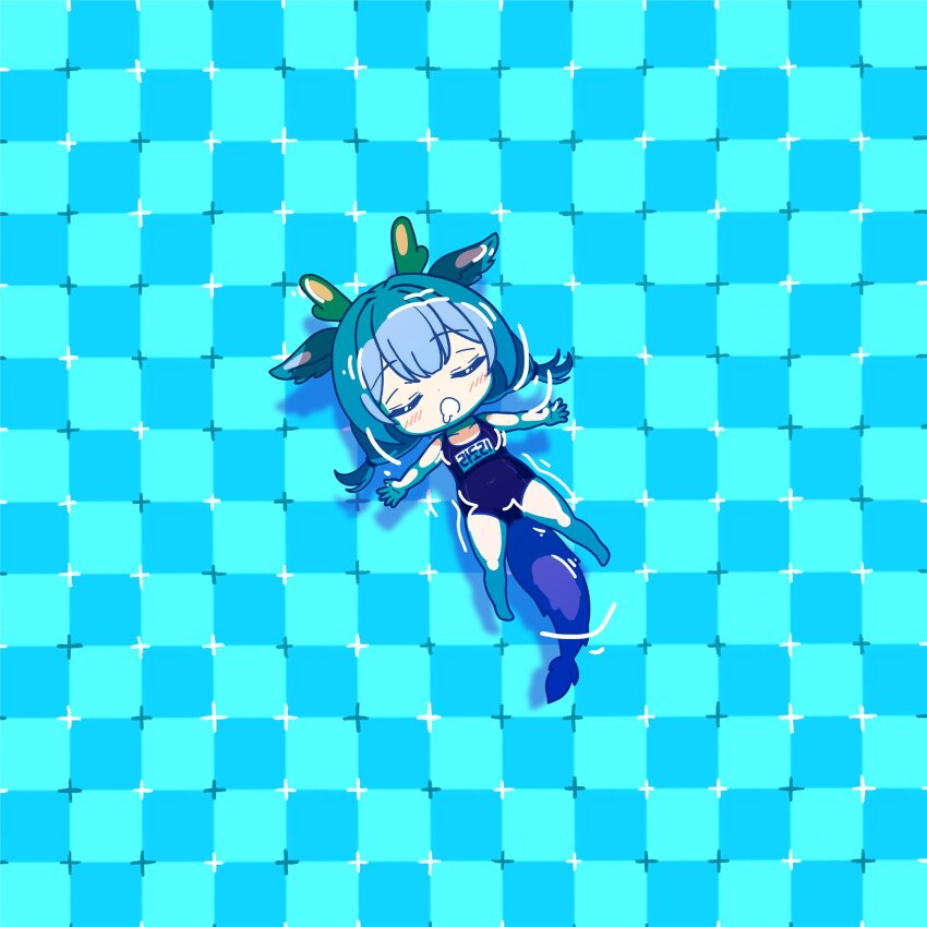 1girl black_one-piece_swimsuit blue_hair closed_eyes dragon_girl dragon_horns dragon_tail duel_monster full_body highres horns laundry_dragonmaid one-piece_swimsuit optical_illusion partially_submerged primrose_field_illusion solo swimsuit tail ttakji_craft yu-gi-oh!