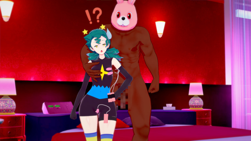 !? 1boy 1girl 3d aged_down bare_shoulders clothed_female_nude_male confused gen_4_pokemon gloves grabbing_another&#039;s_breast green_hair groping height_difference jenny_(pokemon) koikatsu long_glove marble_(pokemon) mask mask_on_head motel_room nintendo nude official_alternate_costume orange_eyes pokemon pokemon_(anime) pokemon_dp059 pokemon_dppt_(anime) presenting sex_toy skin_tight spandex star_(symbol) sweatdrop