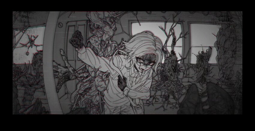 1boy absurdres aotsuki_eito bag black_border border camera_pov collared_shirt commentary english_commentary fisheye glasses gloves greyscale highres long_sleeves looking_at_object male_focus monochrome monster necktie nervous_sweating outstretched_arm pants reaching scared shirt short_hair shoulder_bag solo_focus spoilers sweat takumi_go_lucky the_hundred_line_-last_defense_academy- train_interior window