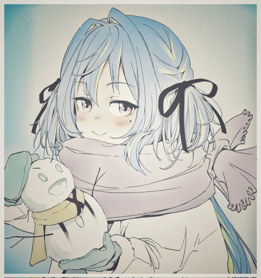 1girl :d akane_canna akinosub black_ribbon blue_hair blue_mittens blush border closed_mouth coat commentary_request fang green_hair grey_scarf hair_intakes hair_ribbon highres holding_snowman long_hair looking_at_viewer mittens mole mole_under_eye multicolored_hair muted_color nanashi_inc. open_clothes open_coat open_mouth pink_eyes ribbon scarf smile snowman solo suzumi_nemo suzumi_nemo_(1st_costume) two-tone_hair two_side_up upper_body virtual_youtuber white_border