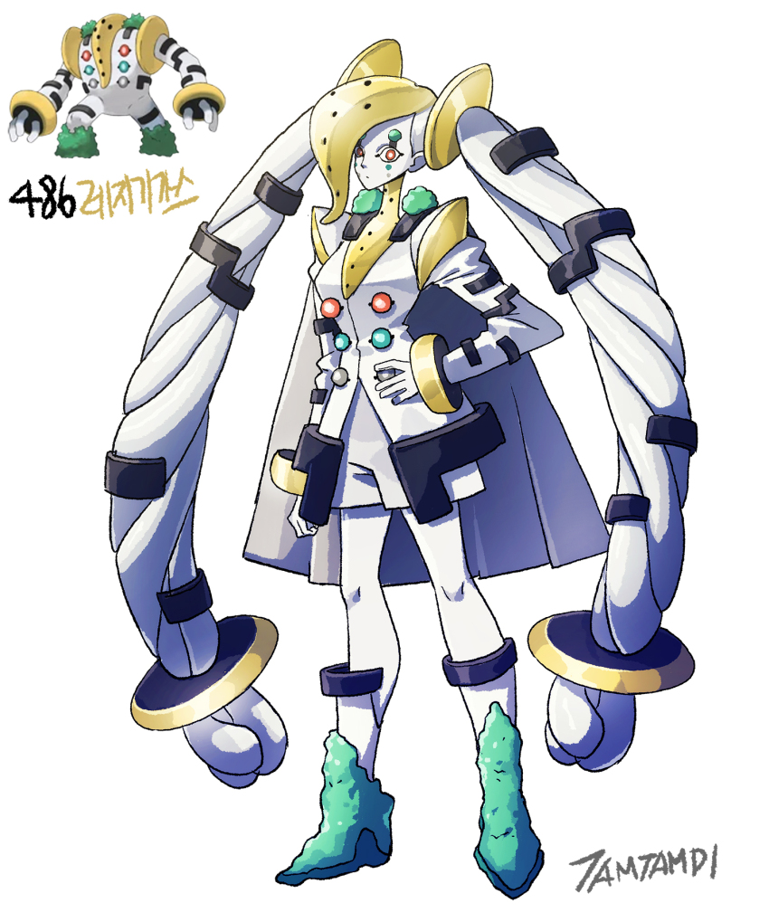 1girl bright_pupils cape colored_skin creature_and_personification full_body game_freak gen_4_pokemon hand_on_own_hip highres jacket legendary_pokemon long_hair looking_at_viewer moss nintendo personification pokemon pokemon_(creature) red_eyes reference_inset regigigas shorts simple_background standing tamtamdi translated very_long_hair white_background white_cape white_footwear white_hair white_jacket white_pupils white_shorts white_skin