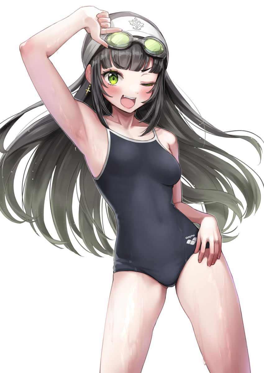 1girl absurdres armpits black_hair black_one-piece_swimsuit blush breasts collarbone competition_school_swimsuit covered_navel cross cross_earrings earrings eyelashes fang floating_earrings goggles goggles_on_head green_eyes habit highres hirado_motoe jewelry long_hair medium_breasts one-piece_swimsuit one_eye_closed onsen_musume open_mouth sahara1127 school_swimsuit simple_background solo swimsuit teeth upper_teeth_only white_background