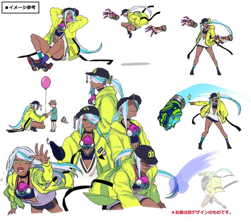 1girl asymmetrical_footwear baseball_cap blue_hair breasts cleavage concept_art dark_skin disembodied_hand finger_tattoo hat highres isla_(kof) leg_tattoo light_blue_hair long_hair mask mask_around_neck official_art ogura_eisuke oversized_clothes paint_can respirator spray_can spray_paint spraying tattoo the_king_of_fighters the_king_of_fighters_xv