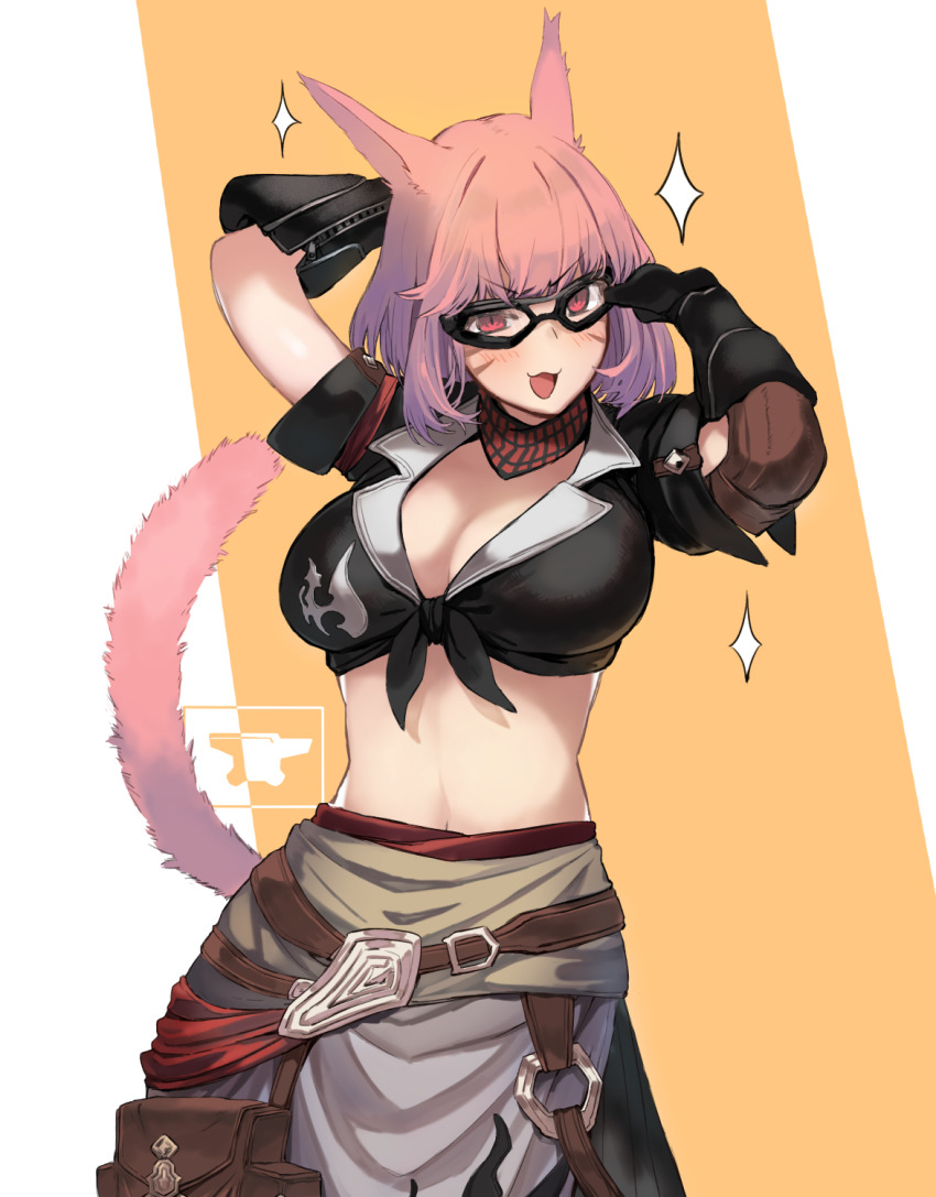 1girl :3 adjusting_eyewear animal_ears anvil arm_behind_head black_gloves black_shirt blush breasts cat_ears cat_tail cleavage elbow_pads facial_mark final_fantasy final_fantasy_xiv front-tie_top ganesagi gloves goggles highres miqo&#039;te navel original pink_hair red_eyes shirt short_sleeves single_elbow_pad solo sparkle sparkling_aura tail upper_body warrior_of_light_(ff14)