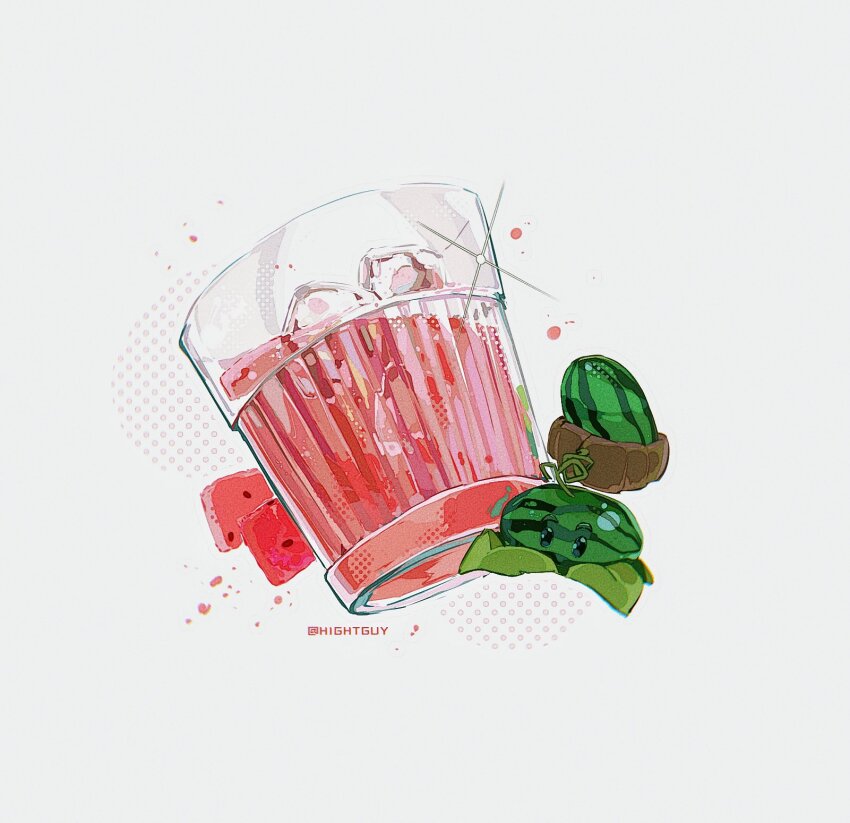 artist_name black_eyes commentary cup drink drinking_glass faceted_glass food fruit halftone highres hightguy ice ice_cube leaf melon-pult_(plants_vs._zombies) no_humans plant plants_vs._zombies solo sparkle watermelon white_background