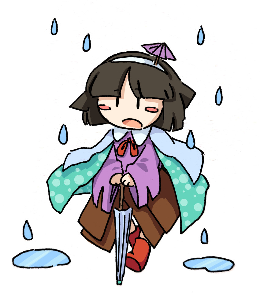 1other absurdres amanomiya_jun androgynous aqua_cape baila_kuangzi black_hair blue_umbrella blush_stickers boots bow bowtie brown_skirt cape chibi chinese_commentary closed_umbrella collared_shirt commentary_request hairband highres holding holding_umbrella len&#039;en long_sleeves no_nose open_mouth other_focus pink_shirt puddle rain red_boots red_bow red_bowtie shirt short_hair skirt solo umbrella umbrella_hair_ornament white_hairband wide_sleeves