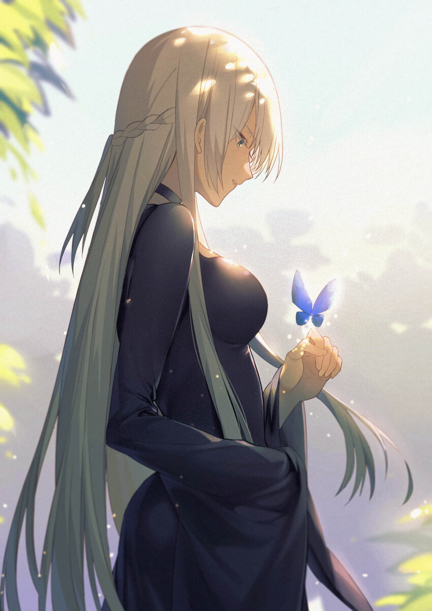 1girl absurdres breasts bug butterfly fate/apocrypha fate_(series) green_eyes grey_hair highres insect large_breasts leaf long_hair morgan_le_fay_(fate) morgan_le_fay_(fate/apocrypha) simple_background solo tree yorukun
