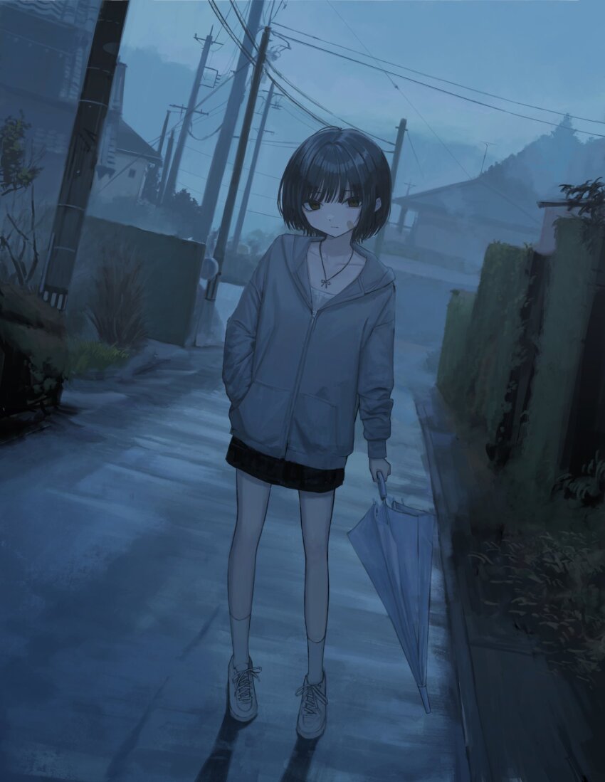 1girl bandaid bandaid_on_cheek bandaid_on_face black_hair black_skirt bow_necklace brown_eyes building closed_mouth collarbone dutch_angle full_body grey_jacket hand_in_pocket highres holding holding_umbrella jacket jewelry miniskirt necklace original outdoors power_lines sakiika0513 shadow shirt shoes short_hair skirt sneakers socks solo umbrella utility_pole white_shirt white_shoes white_socks
