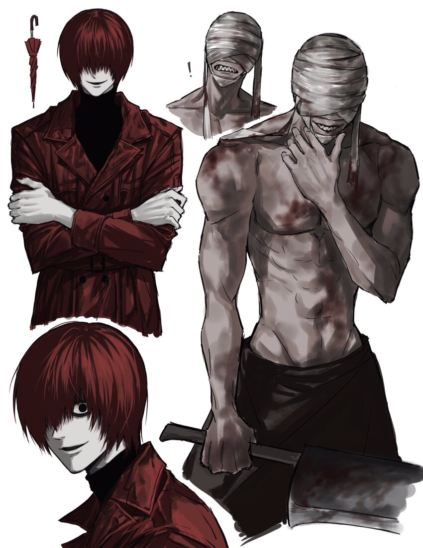 ! 2boys abs bandaged_head bandages black_eyes black_skirt black_sweater blood blood_on_chest blood_on_shoulder bloody_weapon character_request clenched_teeth coat collarbone copyright_request covered_eyes covered_face crossed_arms empty_eyes grin groin hand_on_own_chin highres holding holding_own_arm holding_weapon homicipher long_bangs looking_at_viewer male_focus mr._scarletella multiple_boys multiple_views pale_skin parted_lips pectoral_cleavage pectorals red_coat red_hair sharp_teeth simple_background skirt smile sso_s sweater teeth toned toned_male topless_male turtleneck turtleneck_sweater umbrella weapon white_background wide-eyed