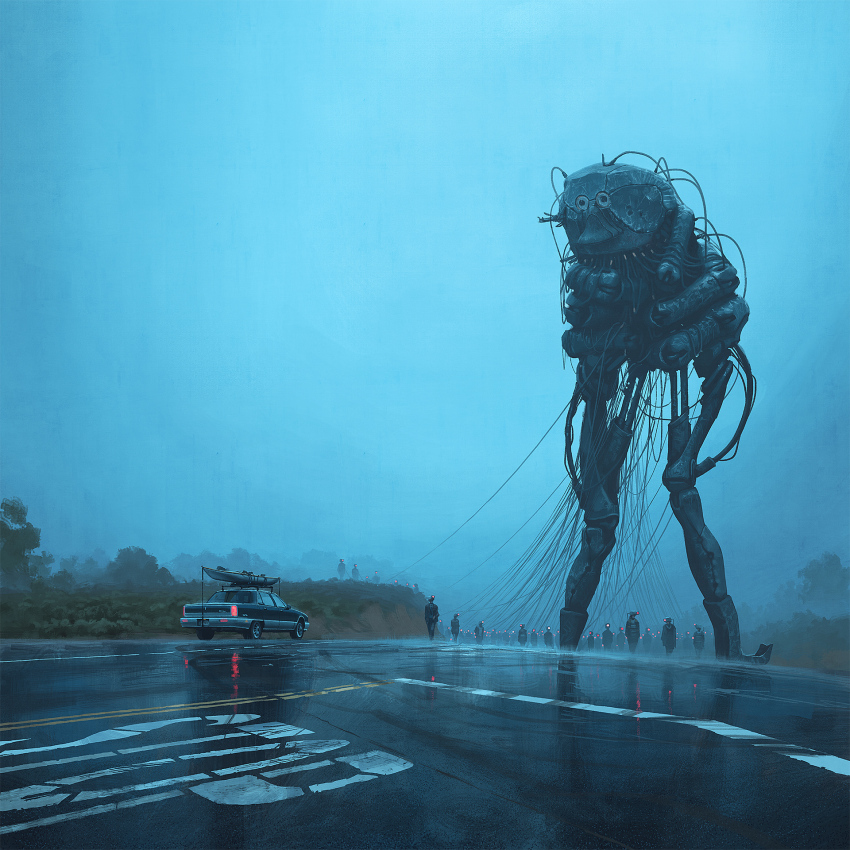 cable canoe car crowd fog head-mounted_display highres horror_(theme) motor_vehicle official_art road robot science_fiction simon_stalenhag the_electric_state