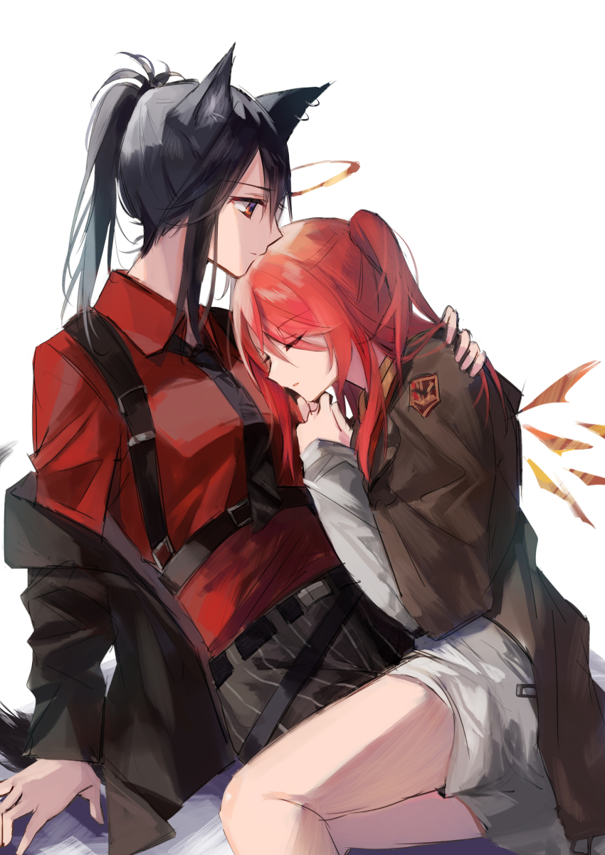 2girls absurdres alternate_hair_length alternate_hairstyle animal_ears arknights arm_around_shoulder bad_id bad_pixiv_id bare_legs black_hair black_jacket black_neckwear brown_robe chest_harness closed_mouth collared_shirt commentary ear_piercing energy_wings english_commentary exusiai_(arknights) eyes_visible_through_hair hal half-closed_eyes hand_on_another&#039;s_shoulder harness highres jacket long_hair long_sleeves matsuzaka_(matsuzakagyu_29) multiple_girls necktie off_shoulder official_alternate_costume one_side_up orange_eyes piercing ponytail red_hair red_shirt robe shirt simple_background sitting sitting_on_lap sitting_on_person sleeping sleeping_on_person tail texas_(arknights) texas_(willpower)_(arknights) white_background wolf_ears wolf_tail