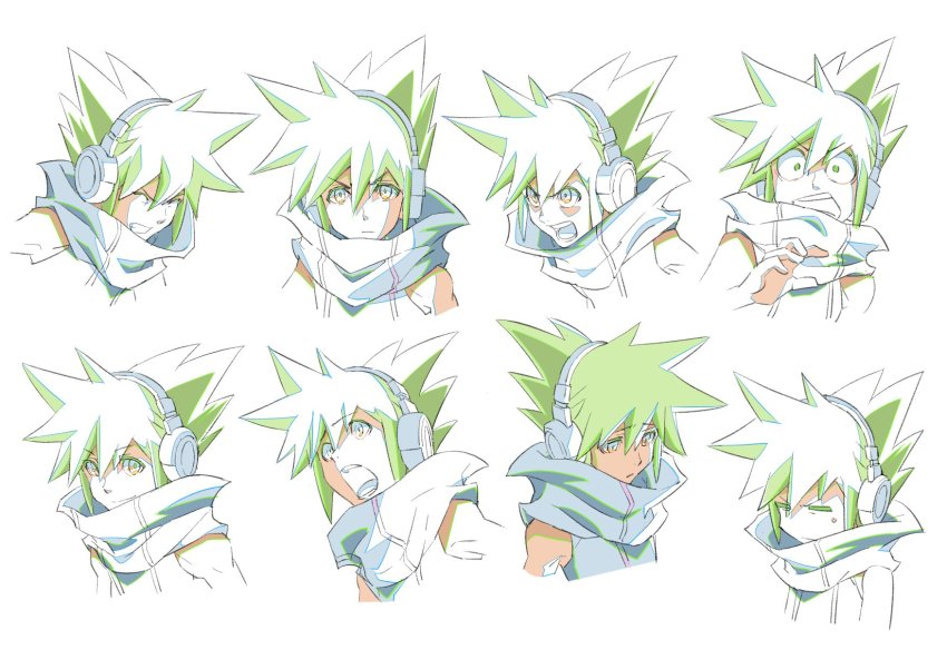 1boy collared_shirt facial_expressions headphones highres hood hoodie male_focus multiple_views official_art sakuraba_neku shirt sleeveless sleeveless_hoodie smile spiked_hair subarashiki_kono_sekai surprised sweatdrop