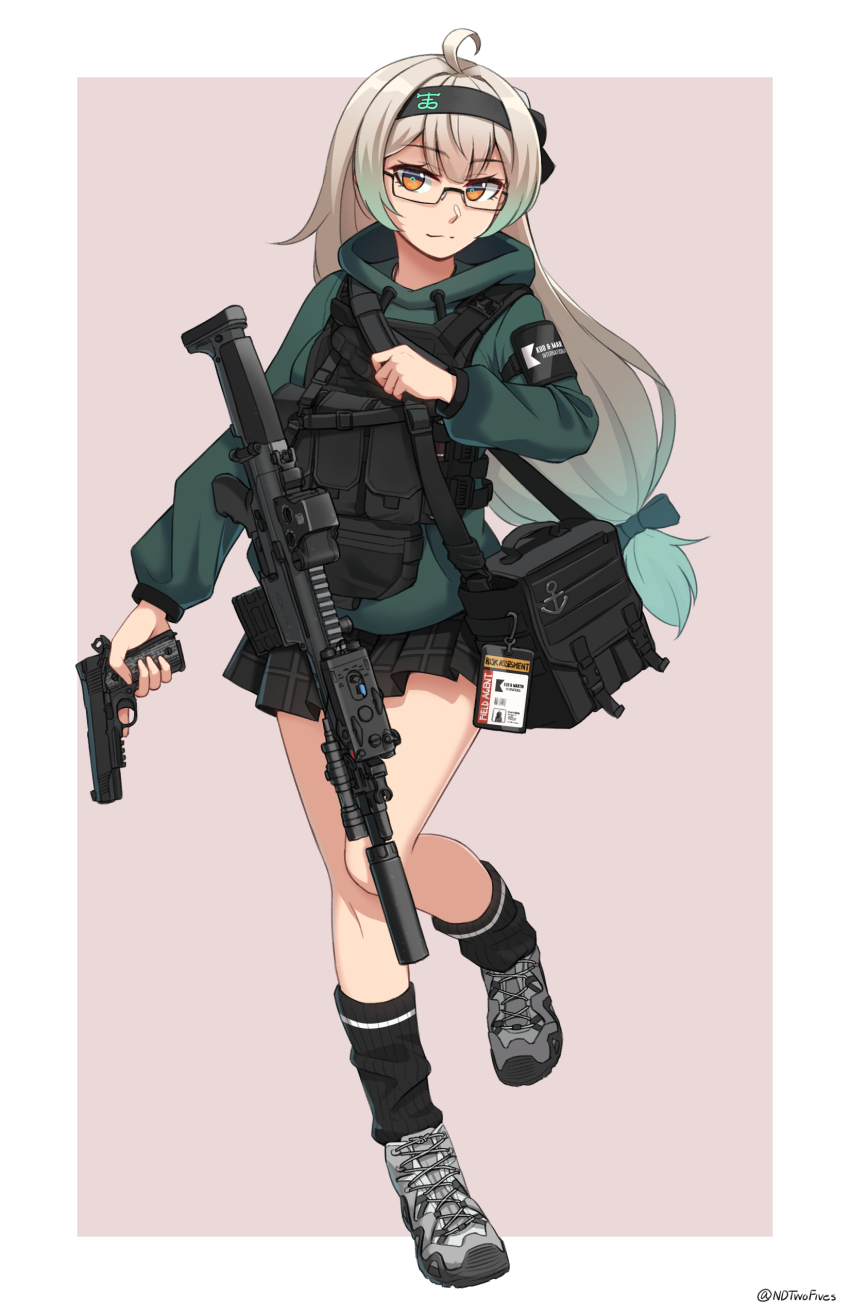 1girl absurdres ahoge ammunition_pouch ankle_socks badge brown_hair bulletproof_vest glasses gradient_hair green_hair grey_hair gun handgun highres holding holding_weapon hood hoodie looking_at_viewer loose_socks m45_meusoc multicolored_hair ndtwofives original pleated_skirt pouch shoes skirt sneakers socks weapon