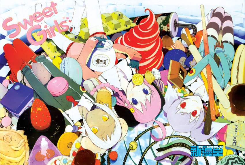 00s blue_eyes candy chiko dark-skinned_female dark_skin dessert food highres lal&#039;c_mellk_mal lying macaron nono_(top_wo_nerae_2!) okama pantyhose pink_hair pocky red_eyes short_hair striped_clothes striped_legwear striped_pantyhose taiyaki thighhighs top_wo_nerae!_(series) top_wo_nerae_2! tycho_science wagashi white_hair yellow_eyes
