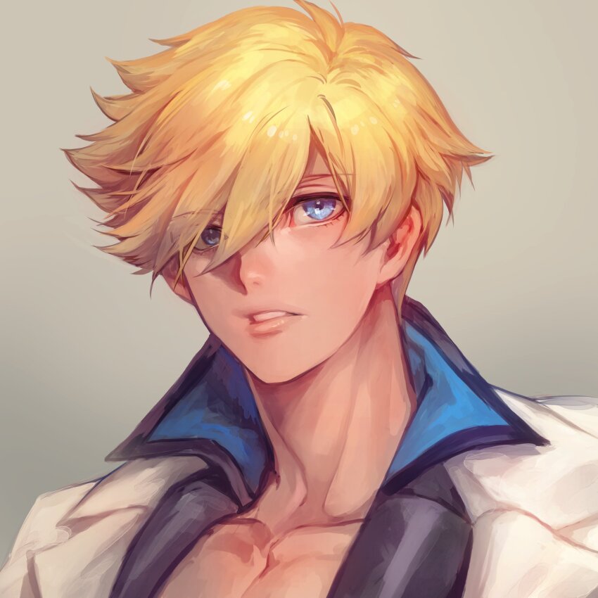 1boy bare_pectorals blonde_hair blue_eyes collarbone collared_shirt commentary_request guilty_gear guilty_gear_strive hair_over_one_eye highres kin_mokusei ky_kiske male_focus multicolored_clothes open_collar parted_lips pectorals shirt short_hair simple_background solo