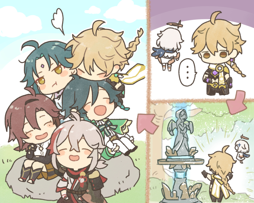 ... 1girl 5boys aether_(genshin_impact) arrow_(symbol) bandaged_hand bandages black_scarf blonde_hair braid cape chibi closed_eyes dress earrings genshin_impact green_cape green_hair hakama hakama_shorts halo highres japanese_clothes jewelry kaedehara_kazuha long_hair male_focus medium_hair multicolored_hair multiple_boys open_mouth paimon_(genshin_impact) red_hair scarf shikanoin_heizou shirataki_nako short_hair shorts speech_bubble statue_of_the_seven streaked_hair twin_braids venti_(genshin_impact) white_dress white_hair white_hakama xiao_(genshin_impact) yellow_eyes