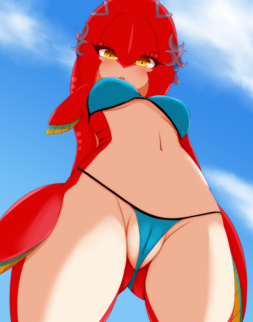 1girl arms_behind_back ayatori_(aytr) bikini blue_bikini blue_sky blush breasts cameltoe colored_skin commentary_request cowboy_shot day fish_girl from_below gills gluteal_fold highres looking_at_viewer looking_down medium_breasts mipha monster_girl navel nintendo outdoors partially_visible_vulva red_skin revision sky solo stomach swimsuit the_legend_of_zelda the_legend_of_zelda:_breath_of_the_wild underboob yellow_eyes zora