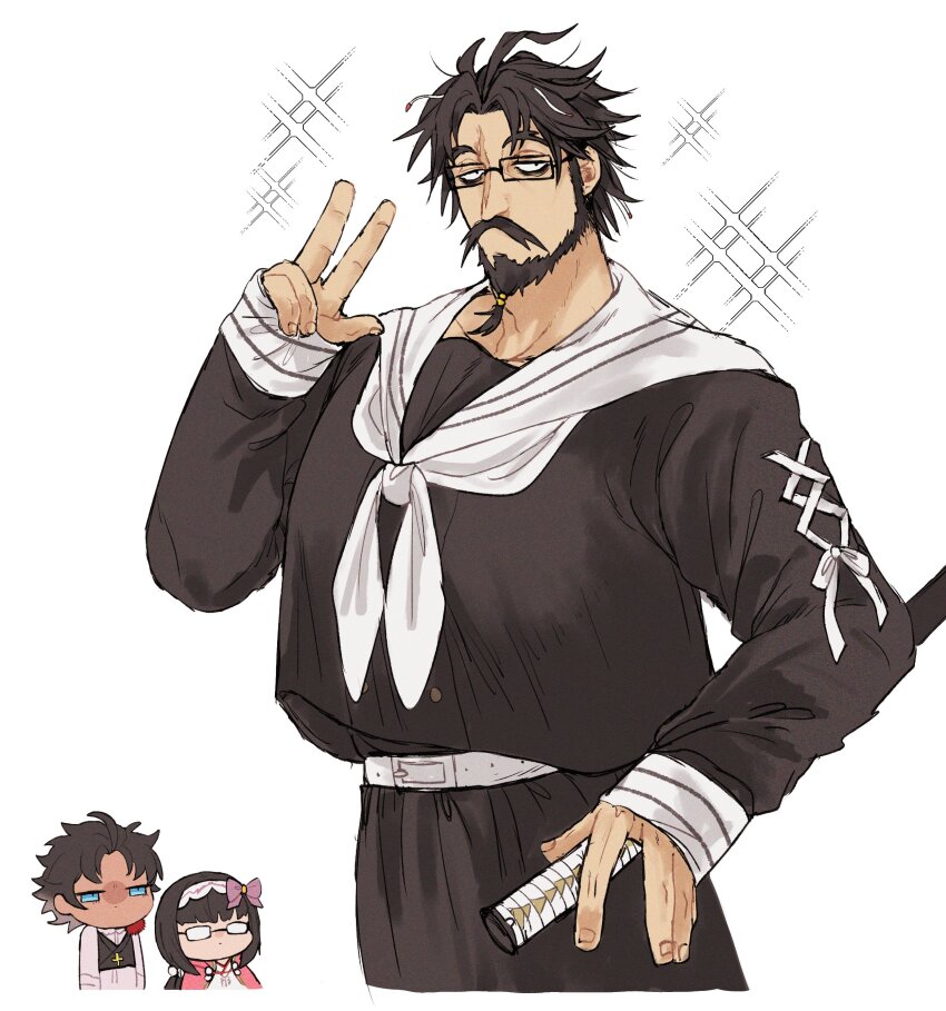 1girl 2boys absurdres aoi_(0ud0ntabetabe) bartholomew_roberts_(fate) beard belt black_hair chibi cosplay crossdressing edward_teach_(fate) facial_hair fate/grand_order fate_(series) glasses highres katana kurohime_(fate) kurohime_(fate)_(cosplay) male_focus multiple_boys mustache osakabehime_(fate) pun sailor_collar school_uniform sparkle sword unamused v weapon white_background white_belt white_sailor_collar