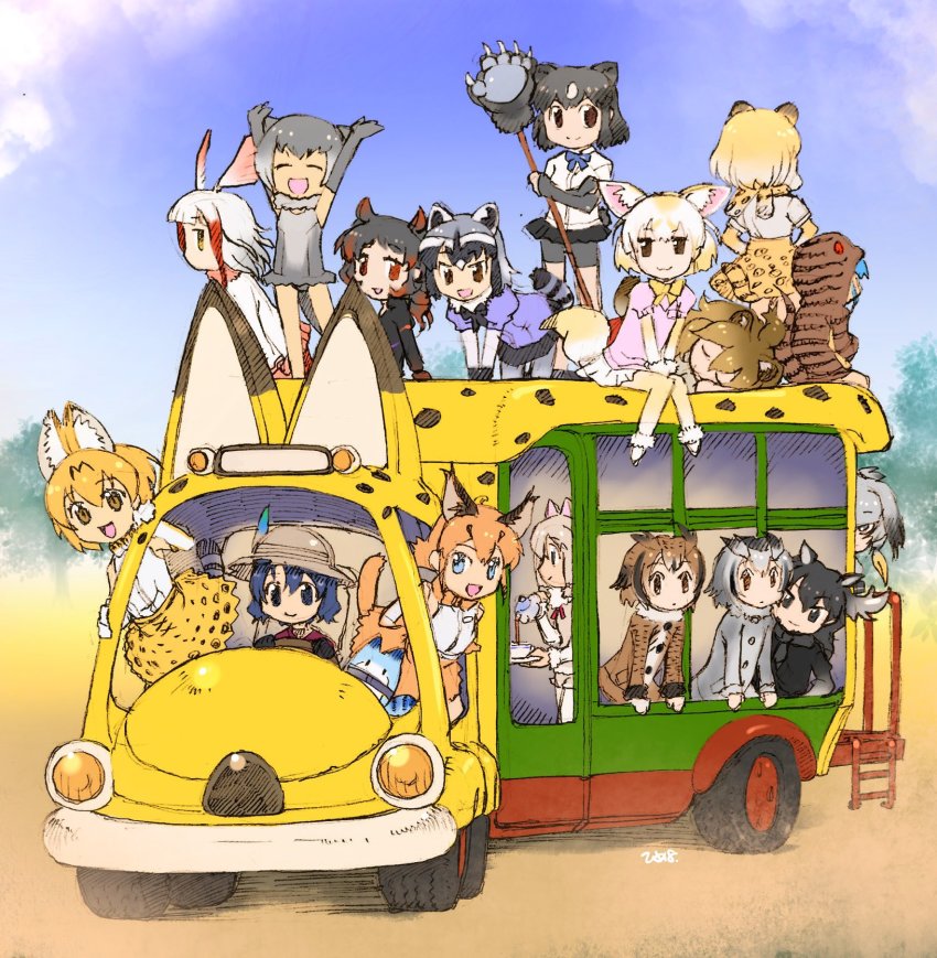6+girls :3 alpaca_ears alpaca_girl alpaca_suri_(kemono_friends) animal_ears animal_print antlers bare_legs bear_ears bird_wings black_hair black_neckwear black_skirt blonde_hair blue_eyes blue_hair blue_neckwear blue_sweater bodysuit bow bowtie brown_bear_(kemono_friends) brown_hair caracal_(kemono_friends) closed_eyes coat collared_shirt commentary_request common_raccoon_(kemono_friends) crossed_arms diving_suit driving elbow_gloves eurasian_eagle_owl_(kemono_friends) everyone facing_away fennec_(kemono_friends) fox_ears fox_girl fox_tail frilled_swimsuit frills fur_collar fur_trim gloves green_eyes grey_hair grey_legwear hair_bun hair_over_one_eye hair_tie hair_tubes hands_on_lap hands_on_own_hips hat_feather head_wings helmet high-waist_skirt highres himehachi_(hime8manga) hippopotamus_(kemono_friends) hippopotamus_ears hood hood_up hoodie horns jaguar_(kemono_friends) jaguar_ears jaguar_girl jaguar_tail japanese_crested_ibis_(kemono_friends) japari_bus japari_symbol kaban_(kemono_friends) kemono_friends leopard_print lion_(kemono_friends) lion_ears lion_girl long_hair long_sleeves looking_at_viewer lucky_beast_(kemono_friends) moose_(kemono_friends) moose_antlers moose_ears moose_girl multicolored_hair multiple_girls neck_ribbon northern_white-faced_owl_(kemono_friends) one-piece_swimsuit orange_hair otter_ears otter_girl otter_tail owl_ears pantyhose paw_stick peeking_out pink_skirt pink_sweater pith_helmet pleated_skirt print_gloves print_neckwear print_skirt puffy_short_sleeves puffy_sleeves raccoon_ears raccoon_girl raccoon_tail red_eyes red_hair red_legwear red_shirt ribbon scarf serval_(kemono_friends) serval_tail shirt shoebill_(kemono_friends) short_hair short_sleeves shorts shorts_under_skirt sidelocks single_hair_bun sitting skirt sleeping sleeveless small-clawed_otter_(kemono_friends) smile snake_print snake_tail sweater swimsuit t-shirt tail tea thighhighs tsuchinoko_(kemono_friends) two-tone_bow two-tone_bowtie wetsuit white_hair white_legwear white_shirt white_skirt wings yellow_eyes yellow_legwear yellow_neckwear
