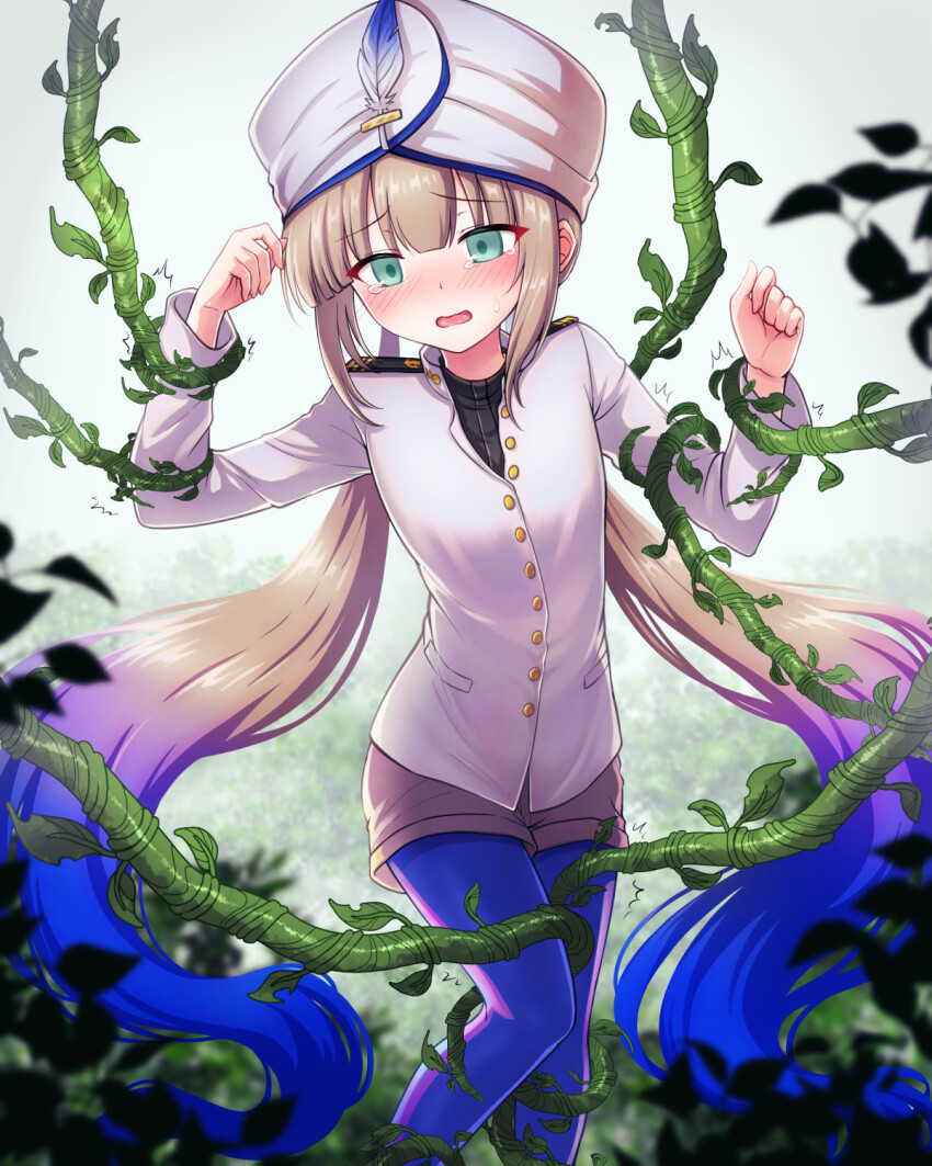 !? 1boy aqua_eyes black_undershirt blue_pantyhose blush captain_nemo_(fate) captain_nemo_(first_ascension)_(fate) fate/grand_order fate_(series) gradient_hair grey_shorts hat_feather highres long_hair multicolored_hair nemo_(fate) pantyhose plant shell_ocean shorts tearing_up tentacles turban twintails vines
