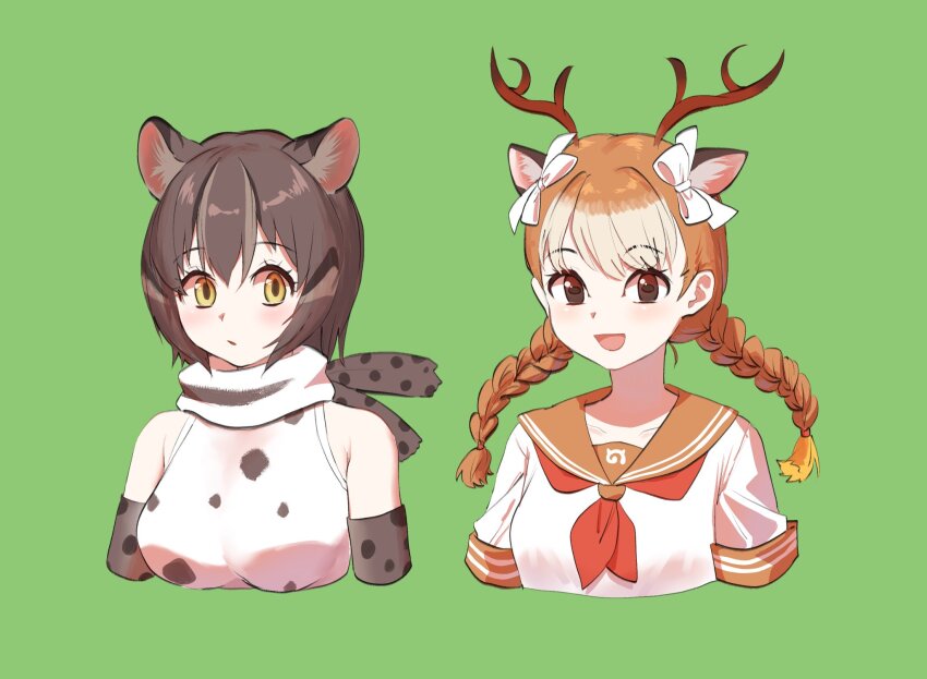2girls animal_ears animal_print antlers bare_shoulders blush bow braid brown_eyes brown_hair brown_trim cat_ears cat_girl cat_print chicha_(chi_cha_rigbo) collared_shirt deer_antlers deer_ears deer_girl elbow_gloves extra_ears gloves grey_gloves grey_scarf hair_between_eyes hair_bow highres horns iriomote_cat_(kemono_friends) japari_symbol kemono_friends light_brown_hair long_hair looking_at_viewer multicolored_hair multiple_girls neckerchief open_mouth print_gloves print_scarf print_shirt red_neckerchief sailor_collar scarf school_uniform serafuku shirt short_hair short_sleeves sidelocks sika_deer_(kemono_friends) sleeveless smile t-shirt twin_braids two-tone_hair upper_body white_bow white_hair white_scarf white_shirt yellow_eyes