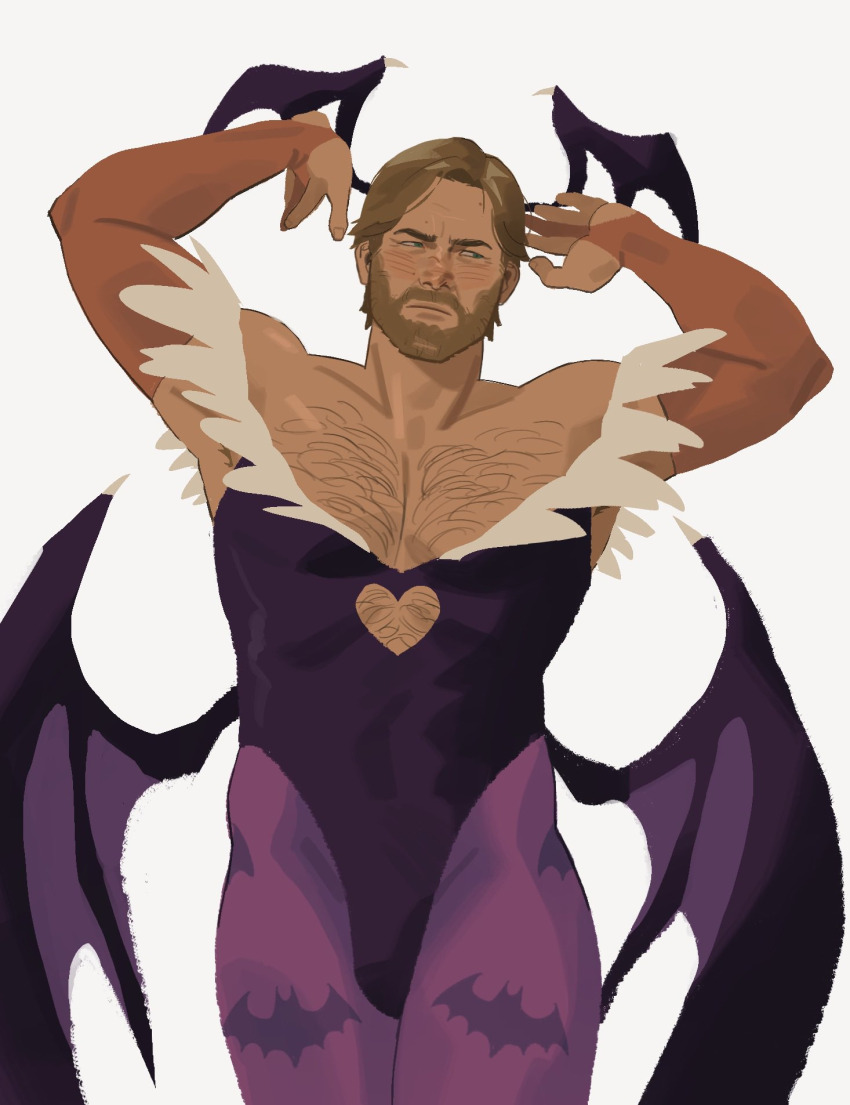 1boy arms_up arthur_morgan bat_(animal) bat_wings beard blonde_hair bridal_gauntlets brown_facial_hair bulge chest_hair cleavage_cutout clothing_cutout cosplay cowboy_shot crossdressing darkstalkers facial_hair fur_trim groin head_wings heart_cutout highres leotard looking_to_the_side low-cut male_focus mature_male morrigan_aensland morrigan_aensland_(cosplay) pantyhose pectorals print_pantyhose red_dead_redemption_(series) red_dead_redemption_2 snickerdooble solo straight-on thick_thighs thighs white_fur wings