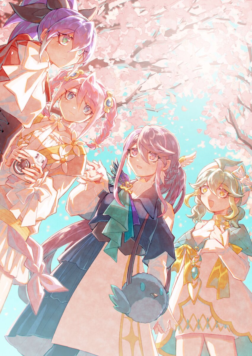 4girls absurdres alternate_costume blue_eyes blue_jacket bracelet_girls camera cherry_blossoms commentary_request dress green_hair group_picture high_ponytail highres hiiragi_yuzu holding holding_camera jacket kurosaki_ruri long_hair medium_hair monitor_(udoshiyo) multiple_girls pink_hair ponytail purple_eyes purple_hair rin_(yu-gi-oh!) serena_(yu-gi-oh!) twintails white_dress yellow_eyes yu-gi-oh! yu-gi-oh!_arc-v